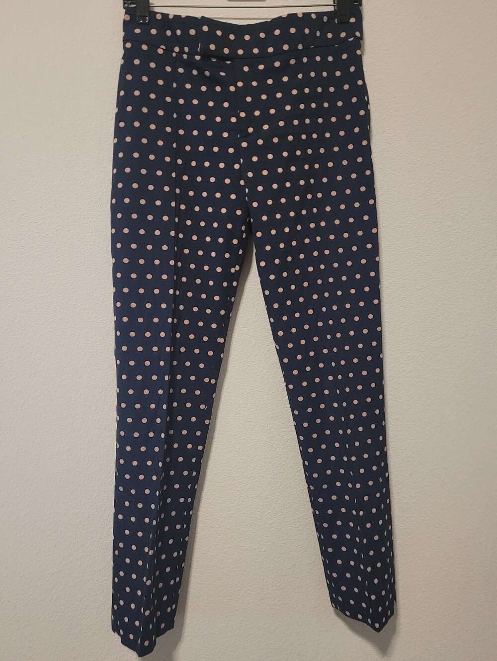 SMYTHE Navy Blue Blush Pink Polka Dot Ankle Cuff Slit Dress Pants Workwear 27
